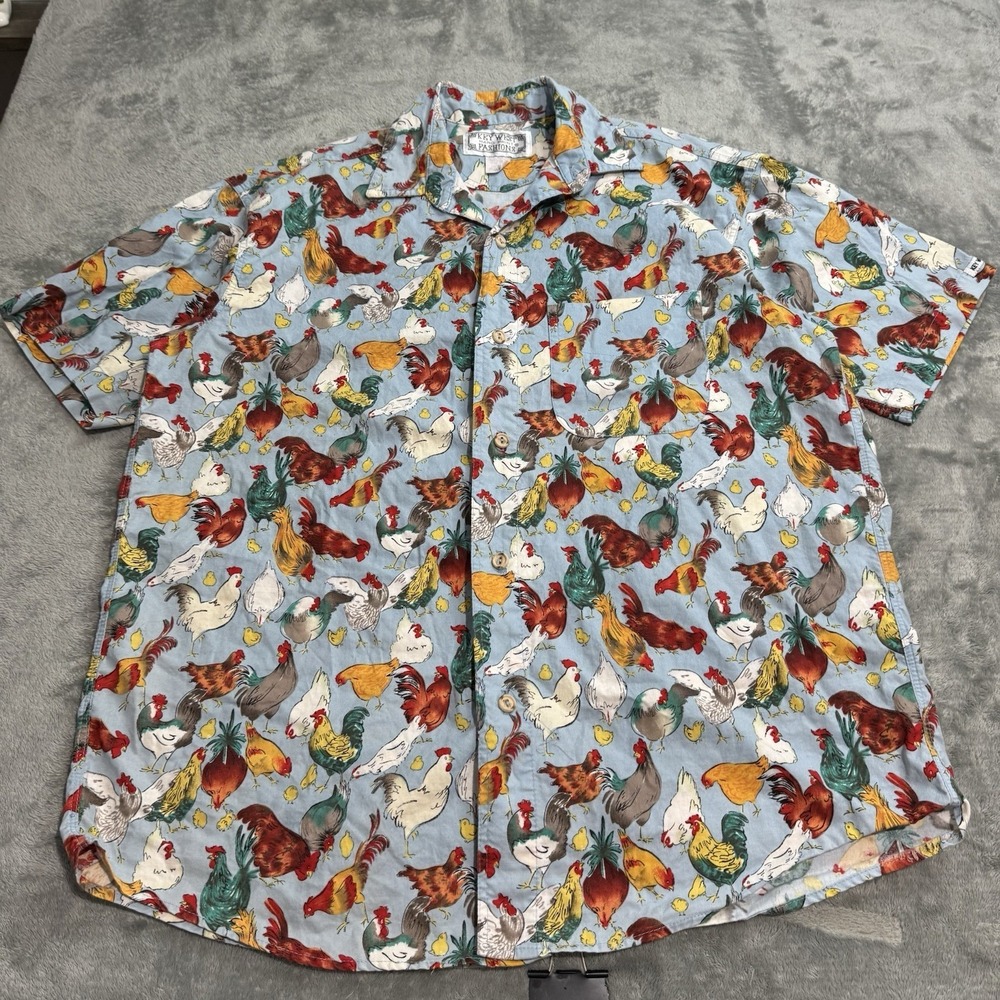 VTG 90s Key West Fashions Handprint Chicken AOP Button Shirt Mens M Indie Retro